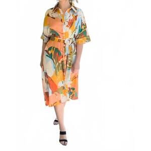 NEW PINK RIPPLE abstract print midi shirt dress in peach multi